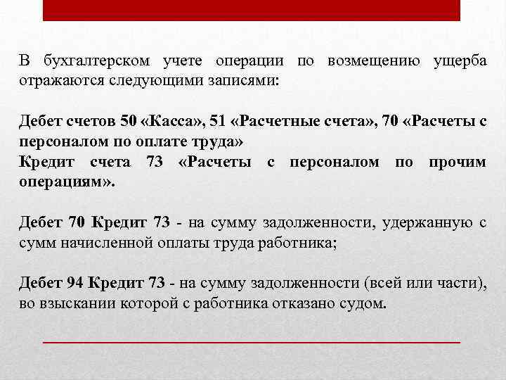 В бухгалтерском учете операции по возмещению ущерба отражаются следующими записями: Дебет счетов 50 «Касса»