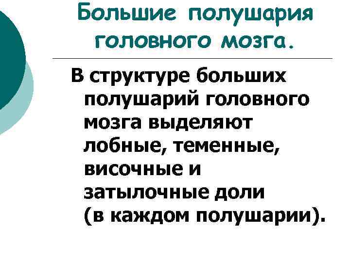 Большие полушария головного мозга. В структуре больших полушарий головного мозга выделяют лобные, теменные, височные