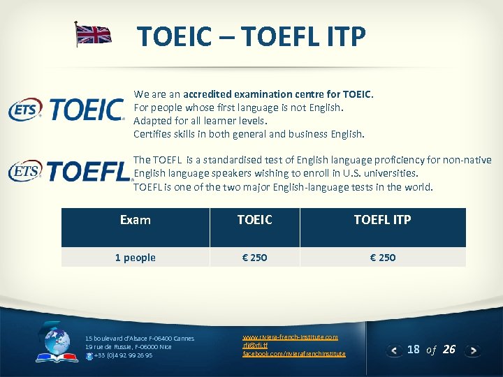 TOEIC – TOEFL ITP We are an accredited examination centre for TOEIC. For people