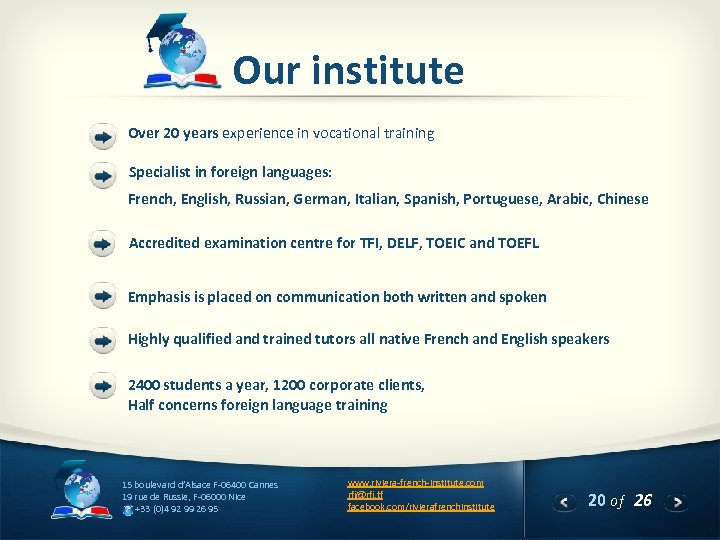 Our institute Over 20 years experience in vocational training Specialist in foreign languages: French,