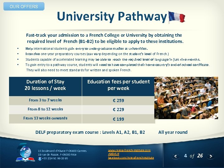 OUR OFFERS University Pathway Fast-track your admission to a French College or University by