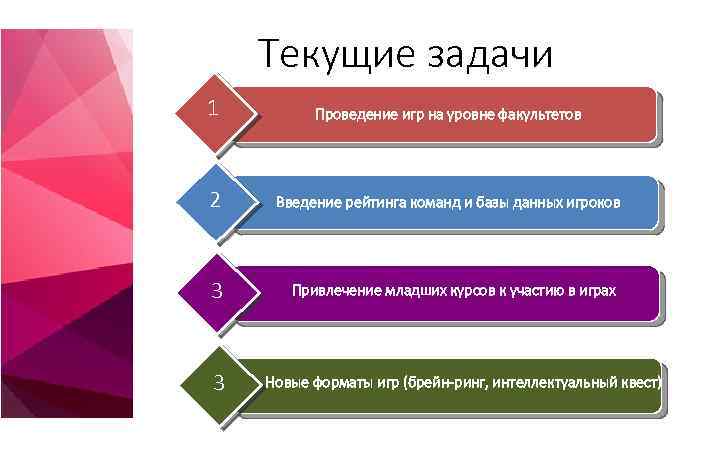 Текущие задачи 1 Проведение игр на уровне факультетов 2 Введение рейтинга команд и базы