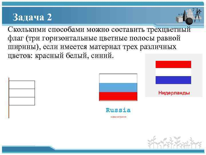 Задача 2 Сколькими способами можно составить трехцветный флаг (три горизонтальные цветные полосы равной ширины),