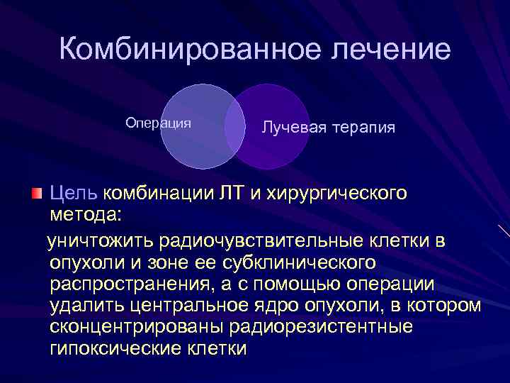 Комбинированное лечение Операция Лучевая терапия Цель комбинации ЛТ и хирургического метода: уничтожить радиочувствительные клетки