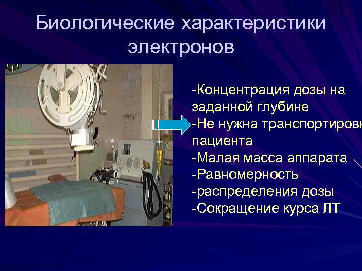 Биологические характеристики электронов -Концентрация дозы на заданной глубине -Не нужна транспортировк пациента -Малая масса
