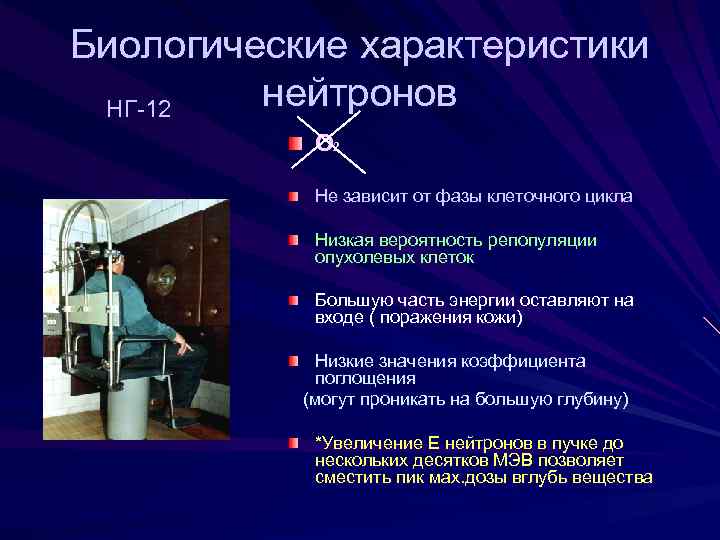 Биологические характеристики нейтронов НГ-12 О 2 Не зависит от фазы клеточного цикла Низкая вероятность