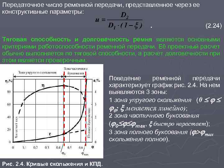 Передаточное число ременной передачи, представленное через ее конструктивные параметры: . (2. 24) Тяговая способность
