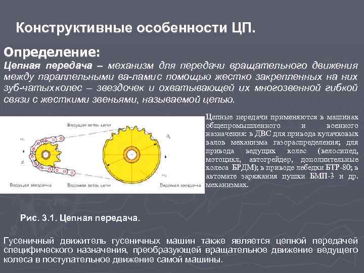 Конструктивные особенности ЦП. Определение: Цепная передача – механизм для передачи вращательного движения между параллельными