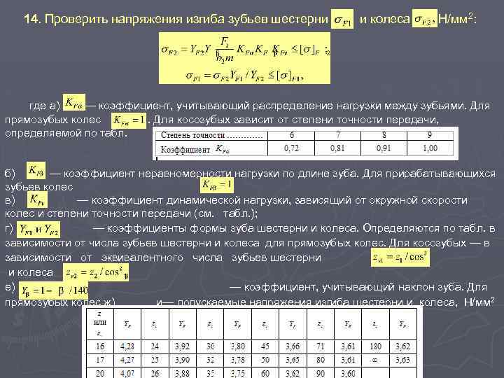 14. Проверить напряжения изгиба зубьев шестерни и колеса Н/мм 2: где а) — коэффициент,