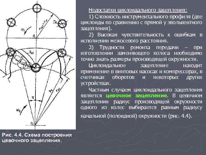 Недостатки циклоидального зацепления: 1) Сложность инструментального профиля (две циклоиды по сравнению с прямой у