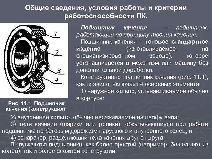 Общие сведения, условия работы и критерии работоспособности ПК. Рис. 11. 1. Подшипник качения (конструкция).