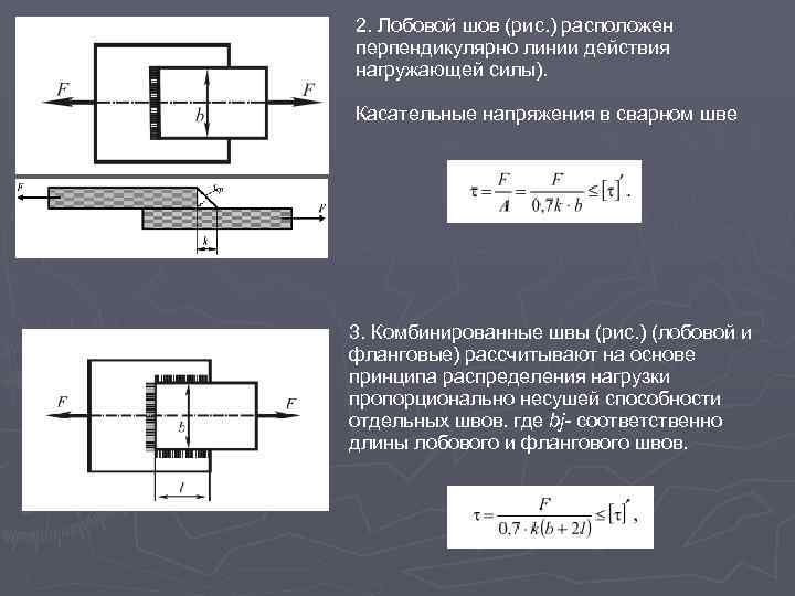 2. Лобовой шов (рис. ) расположен перпендикулярно линии действия нагружающей силы). Касательные напряжения в