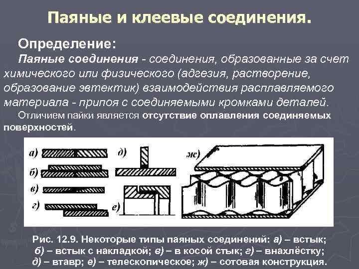 Паяные и клеевые соединения. Определение: Паяные соединения - соединения, образованные за счет химического или