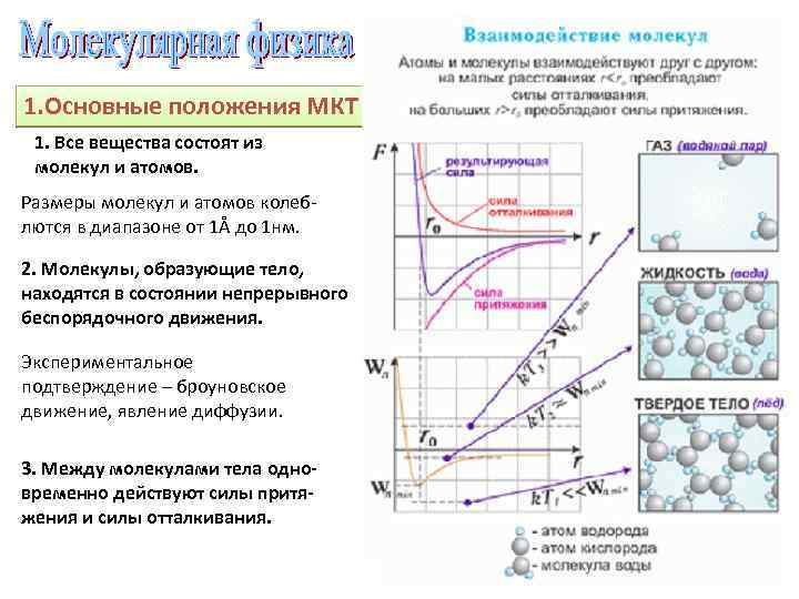 1. Основные положения МКТ 1. Все вещества состоят из молекул и атомов. Размеры молекул