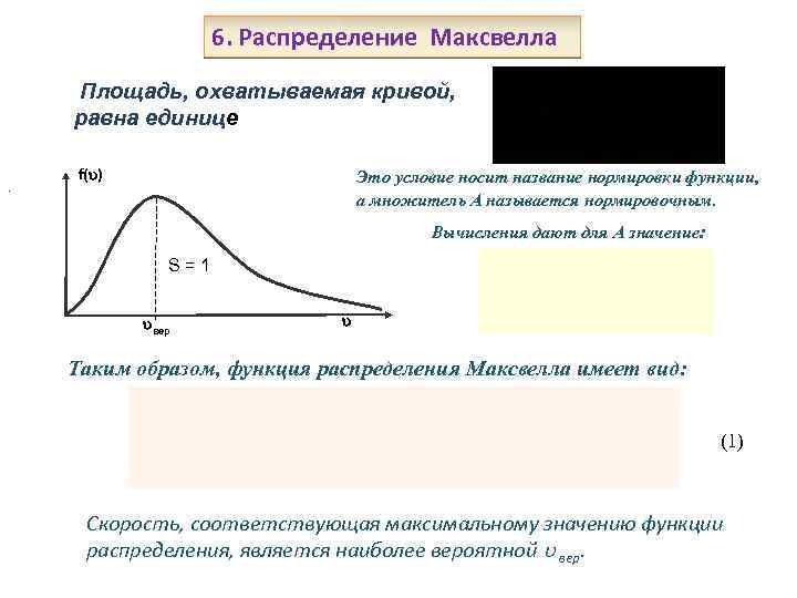 6. Распределение Максвелла Площадь, охватываемая кривой, равна единице. f( ) Это условие носит название