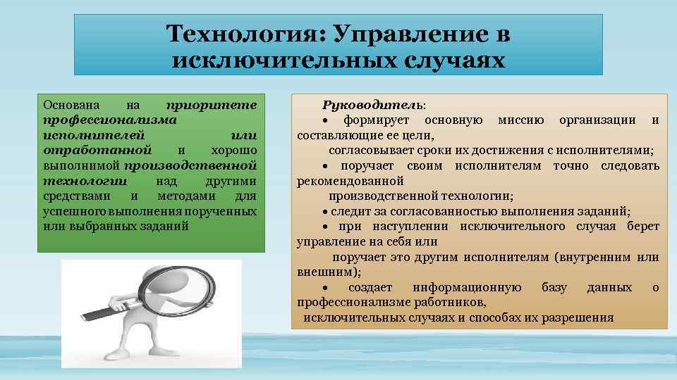 Технология: Управление в исключительных случаях Основана на приоритете профессионализма исполнителей или отработанной и хорошо