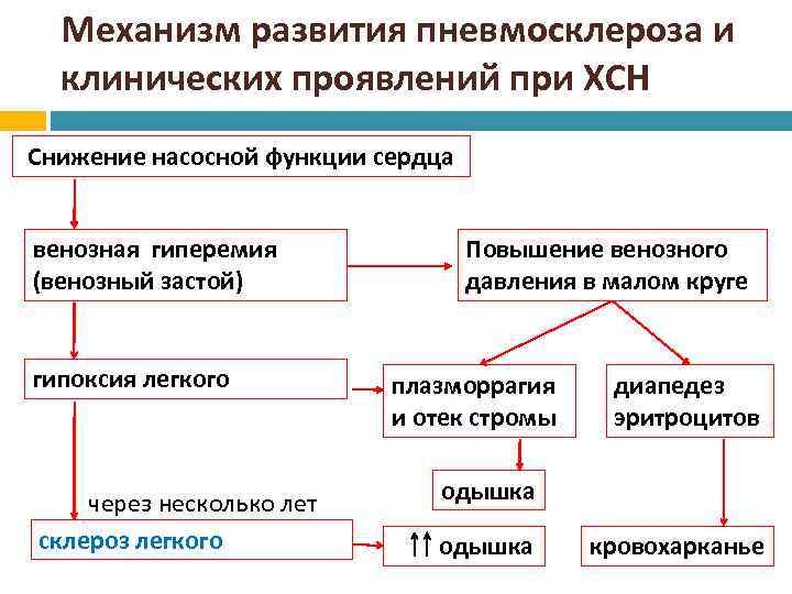 Механизм развития пневмосклероза и клинических проявлений при ХСН Снижение насосной функции сердца венозная гиперемия
