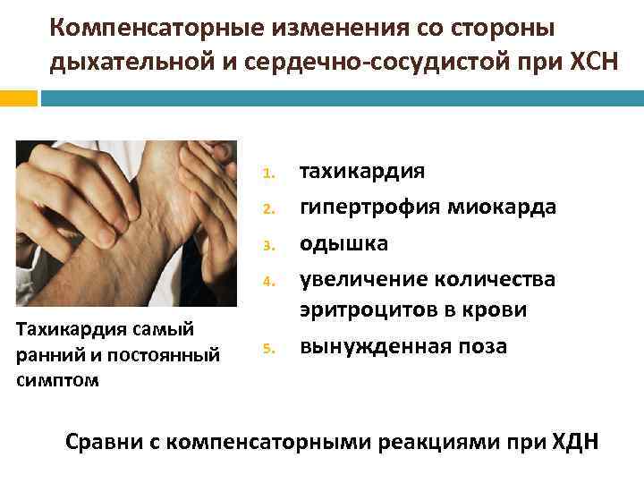 Компенсаторные изменения со стороны дыхательной и сердечно-сосудистой при ХСН 1. 2. 3. 4. Тахикардия