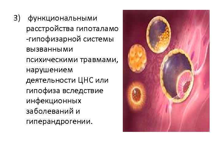 3) функциональными расстройства гипоталамо гипофизарной системы вызванными психическими травмами, нарушением деятельности ЦНС или гипофиза