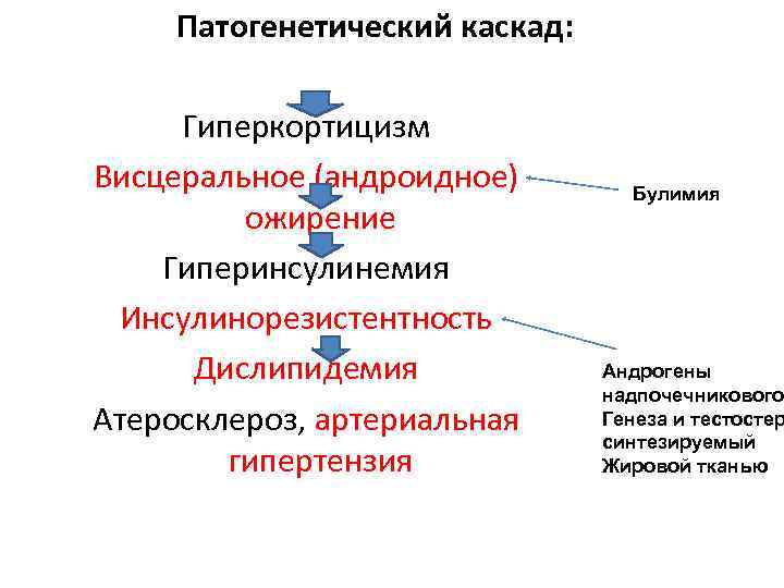 Патогенетический каскад: Гиперкортицизм Висцеральное (андроидное) ожирение Гиперинсулинемия Инсулинорезистентность Дислипидемия Атеросклероз, артериальная гипертензия Булимия Андрогены