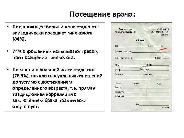 Посещение врача: • Подавляющее большинство студенток эпизодически посещает гинеколога (84%). • 74% опрошенных испытывают