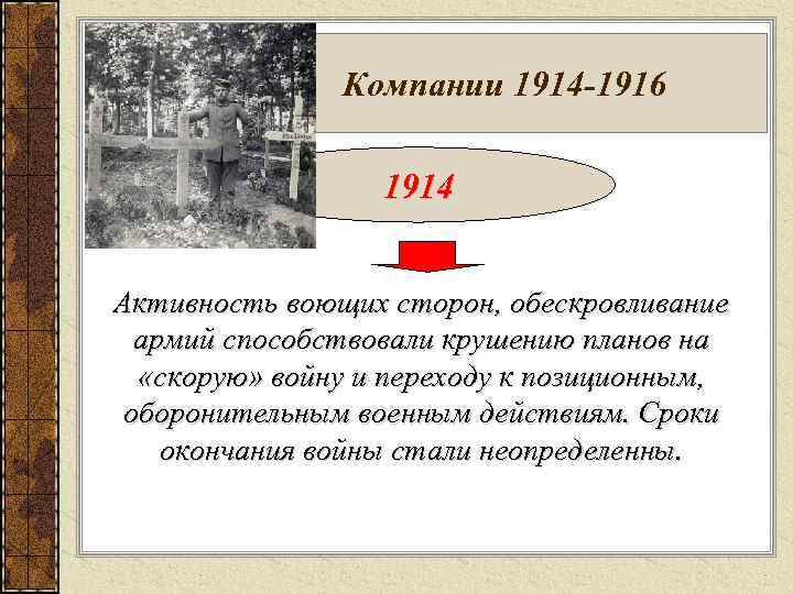 Компании 1914 -1916 1914 Активность воющих сторон, обескровливание армий способствовали крушению планов на «скорую»