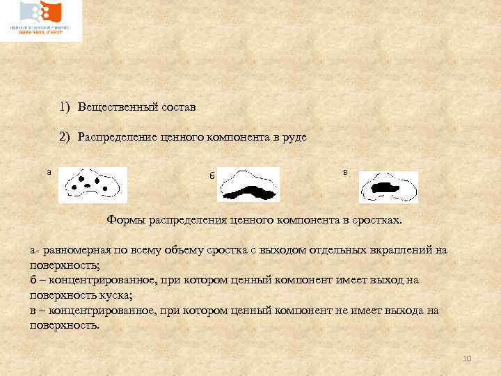 1) Вещественный состав 2) Распределение ценного компонента в руде а б в Формы распределения