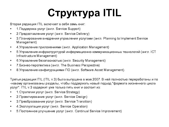 Структура ITIL Вторая редакция ITIL включает в себя семь книг: • 1. Поддержка услуг