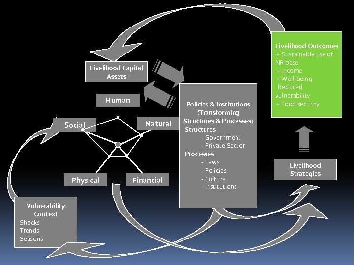 Livelihood Capital Assets Human Social Physical Vulnerability Context Shocks Trends Seasons Natural Financial Policies