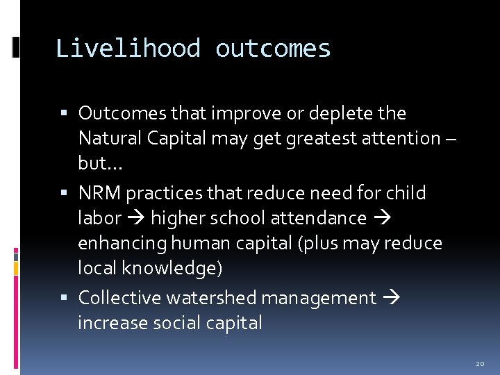 Livelihood outcomes Outcomes that improve or deplete the Natural Capital may get greatest attention