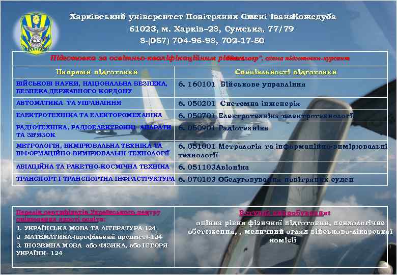 Харківський університет Повітряних Сил імені Івана. Кожедуба 61023, м. Харків– 23, Сумська, 77/79 8