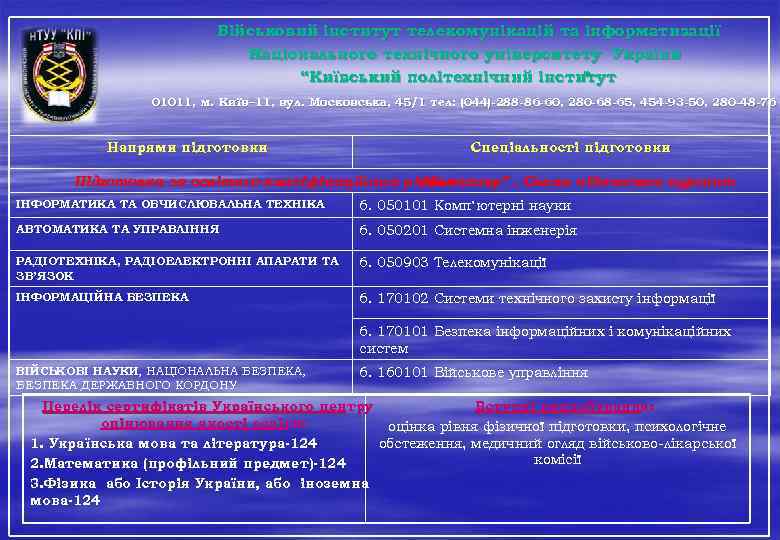 Військовий інститут телекомунікацій та інформатизації Національного технічного університету України “Київський політехнічний інститут ” 01011,