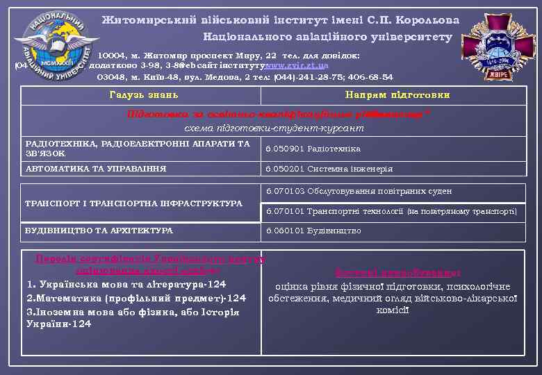 Житомирський військовий інститут імені С. П. Корольова Національного авіаційного університету 10004, м. Житомир проспект