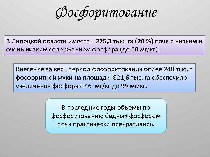 Фосфоритование В Липецкой области имеется 225, 3 тыс. га (20 %) почв с низким