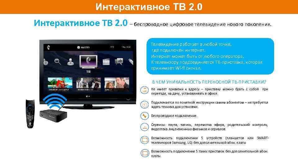 Интерактивное ТВ 2. 0 – беспроводное цифровое телевидение нового поколения. Телевидение работает в любой