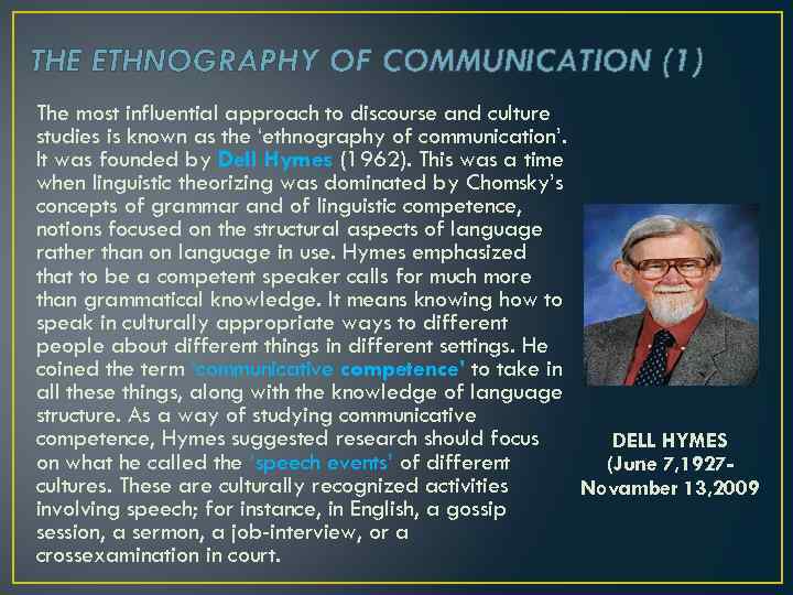 THE ETHNOGRAPHY OF COMMUNICATION (1) The most influential approach to discourse and culture studies