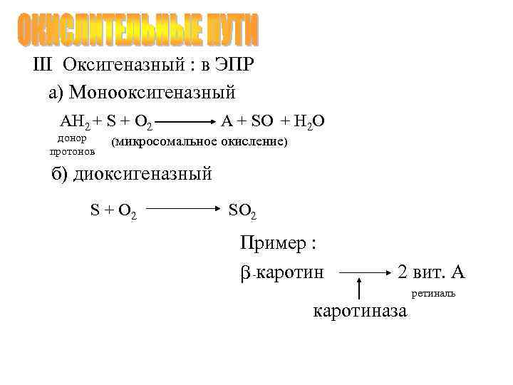 III Оксигеназный : в ЭПР а) Монооксигеназный АН 2 + S + O 2