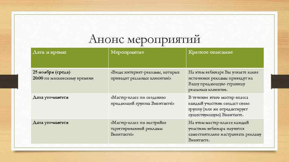 Анонс мероприятий Дата и время: Мероприятие Краткое описание 25 ноября (среда) 20: 00 по