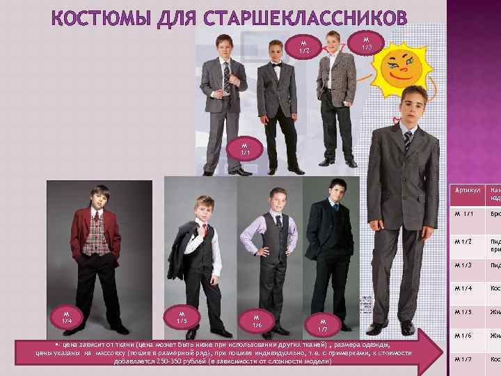 КОСТЮМЫ ДЛЯ СТАРШЕКЛАССНИКОВ М 1/3 М 1/2 М 1/1 Артикул М 1/1 • -