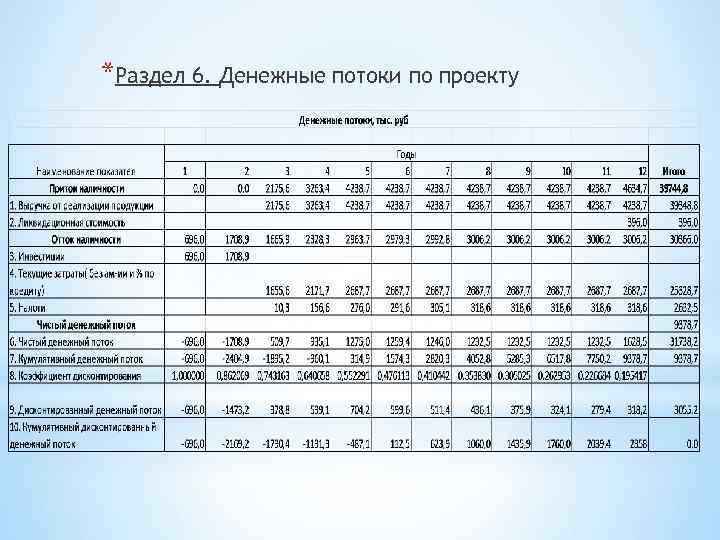 *Раздел 6. Денежные потоки по проекту 