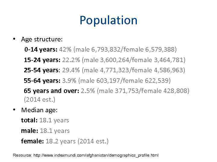 Population • Age structure: 0 -14 years: 42% (male 6, 793, 832/female 6, 579,