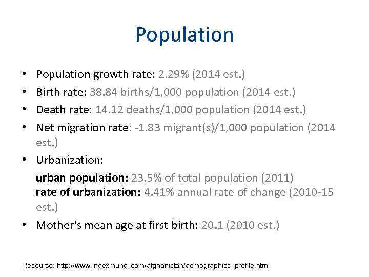 Population growth rate: 2. 29% (2014 est. ) Birth rate: 38. 84 births/1, 000