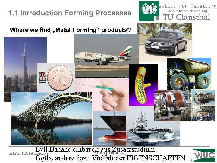 Institut für Metallurgi 1. 1 Introduction Forming Processes Werkstoffumformung Where we find „Metal Forming“