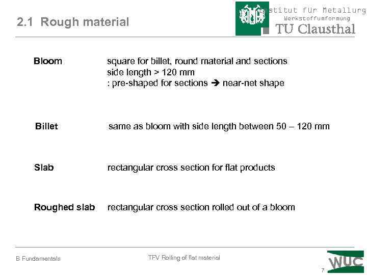 Institut für Metallurgi 2. 1 Rough material Werkstoffumformung Bloom square for billet, round material