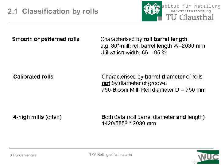 Institut für Metallurgi 2. 1 Classification by rolls Werkstoffumformung Smooth or patterned rolls Characterised