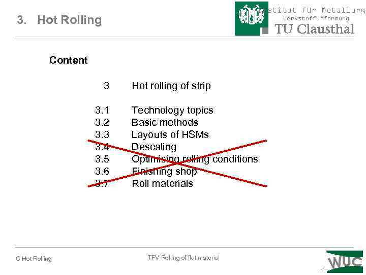 Institut für Metallurgi 3. Hot Rolling Werkstoffumformung Content 3 3. 1 3. 2 3.
