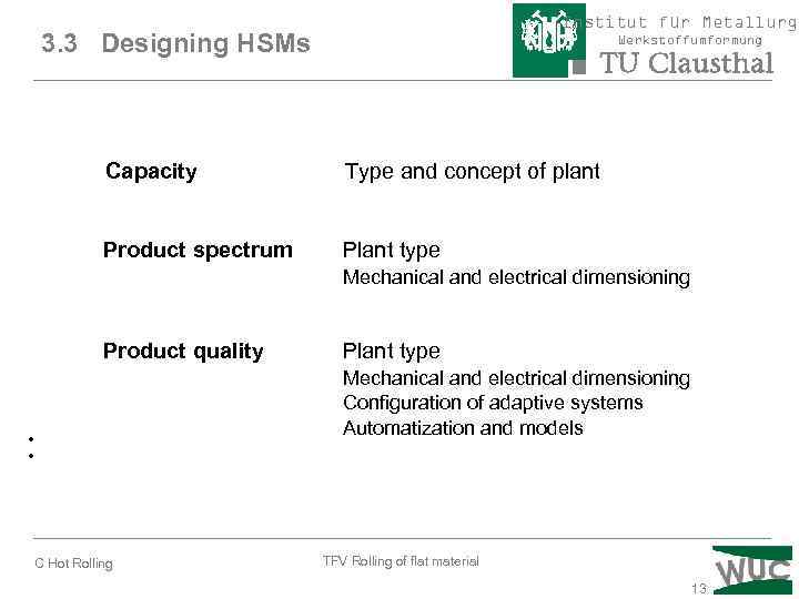 Institut für Metallurgi 3. 3 Designing HSMs Werkstoffumformung Capacity Type and concept of plant
