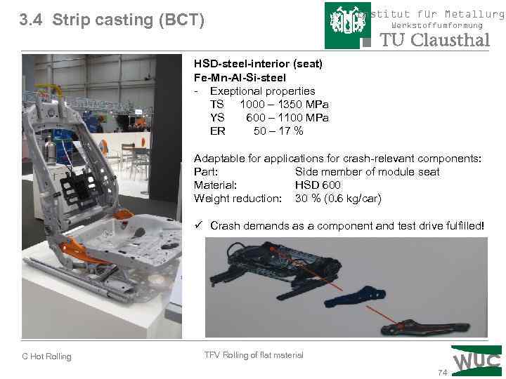 3. 4 Strip casting (BCT) Institut für Metallurgi Werkstoffumformung HSD-steel-interior (seat) Fe-Mn-Al-Si-steel - Exeptional