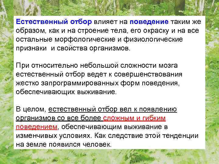 Естественный отбор влияет на поведение таким же образом, как и на строение тела, его