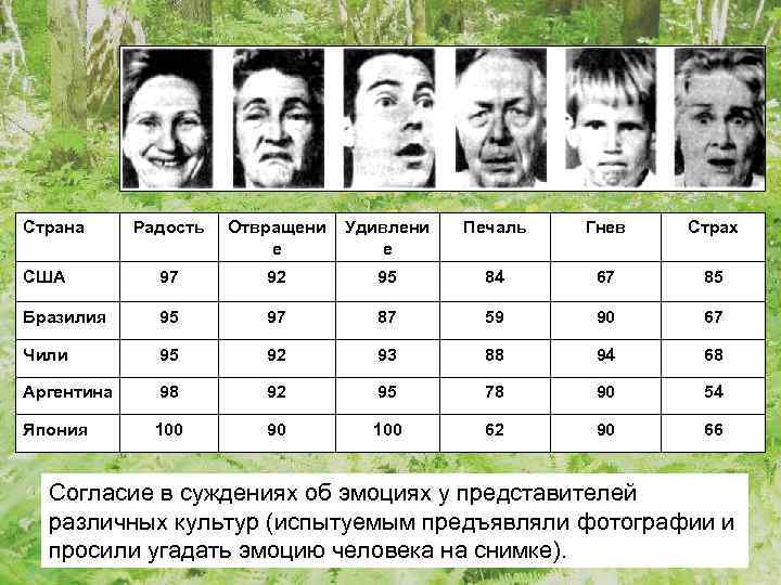 Страна Радость Отвращени е Удивлени е Печаль Гнев Страх США 97 92 95 84